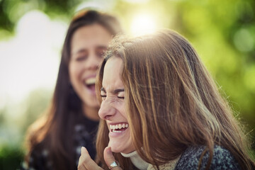Naklejka premium Face, funny and park with woman friends outdoor together for bonding, enjoyment or silly joking. Eyes closed, goofy and laughing with smile of happy people in nature for summer comedy or humor