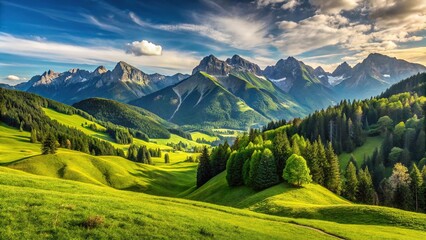 Wide-angle green hills in front of alpine mountain panorama