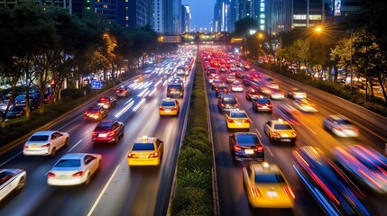 Night city aerial street light trails cars colors forming abstract patterns. AI generated