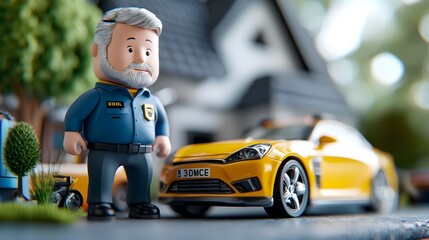 Fototapeta premium A detailed 3D depicting a tiny security guard standing next to a collection of miniature assets