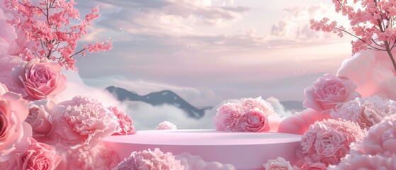 Fototapeta premium Soft pink podium surrounded by roses and delicate blossoms, set against a peaceful mountain and cloudscape. Ideal for romantic or luxury product displays with a serene, dreamy ambiance