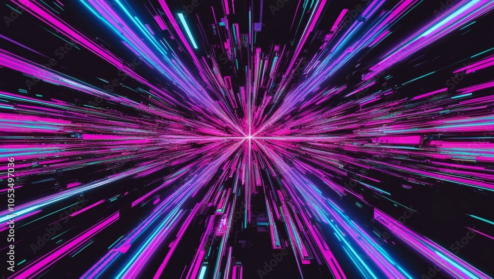 Poster  Abstract vibrant color glitch effect with bold neon colors and distorted visual patterns, representing digital interference or technological malfunctions