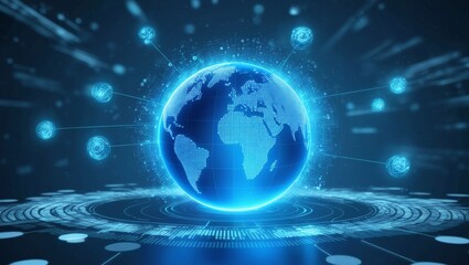  Glowing Blue Digital Globe Surrounded by Data Particles, Representing Global Connectivity and Innovation