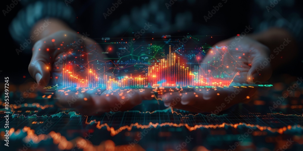Poster hands holding a vibrant holographic display of data analytics and graphs, with digital charts and st