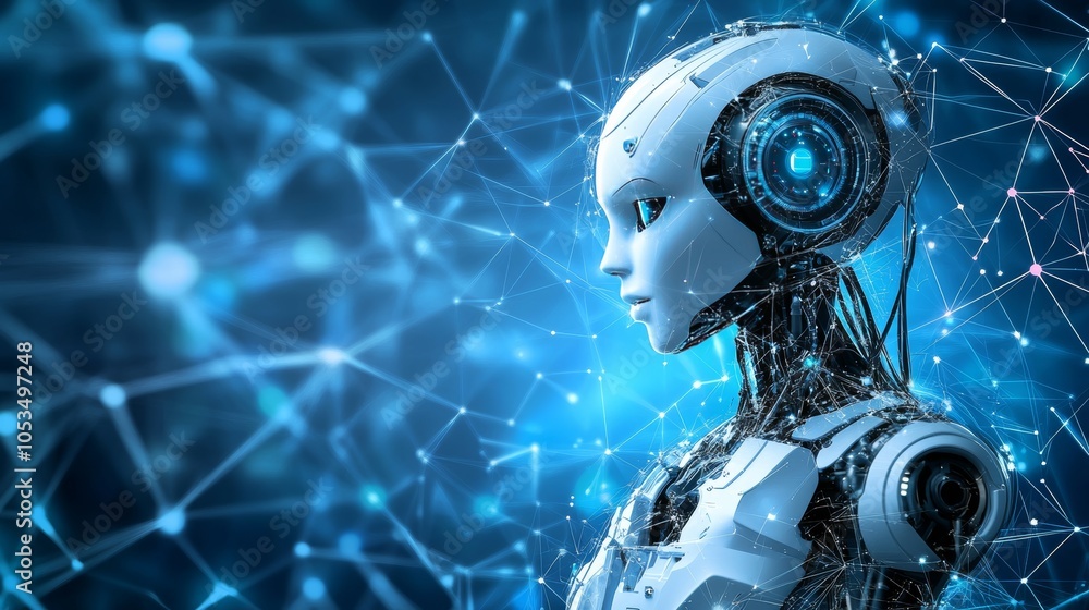 Poster ai, female robot portrait on tech background. artificial intelligence, machine learning.