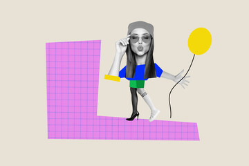 Composite photo collage of happy girl hipster wear hat sunglass summer walk different legs heel...