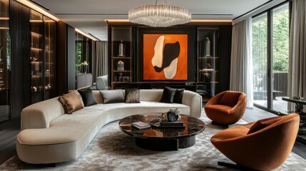 Sophisticated living room with designer furniture and an artful chandelier.