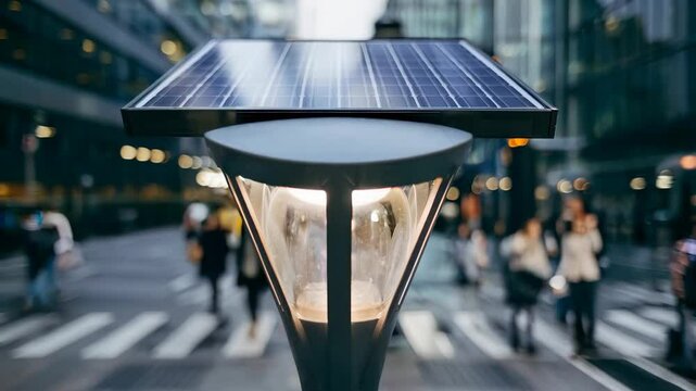 A solar-powered street lamp illuminates a busy pedestrian crosswalk in an urban setting.