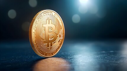 Glowing Golden Bitcoin Cryptocurrency Coin on Dark Background   3D of Virtual Digital Currency Financial Technology