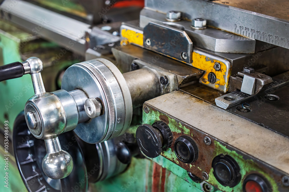 Poster lathe machine operating in a manufacturing factory, showcasing precision engineering and detailed cr