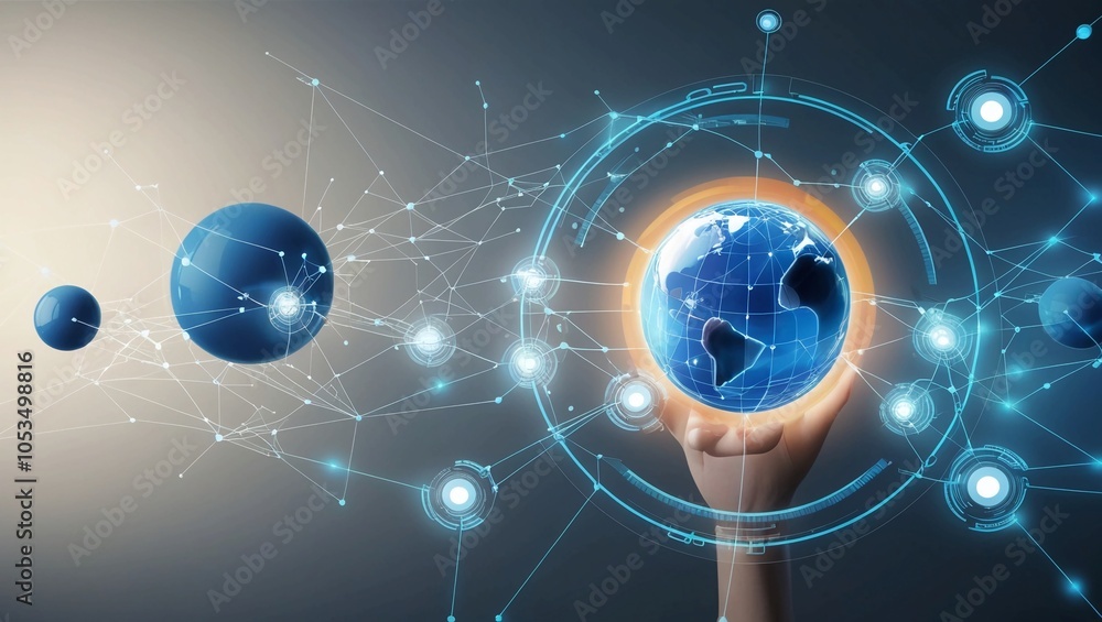 Poster  Abstract Data Network with Glowing Nodes and Connecting Lines in a High-Tech Blue Background