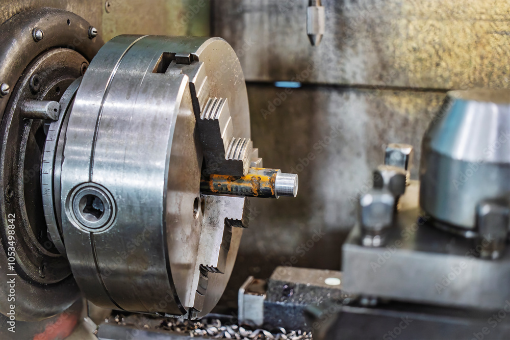 Poster lathe machining process in a factory showcasing precision metalworking during daytime operations