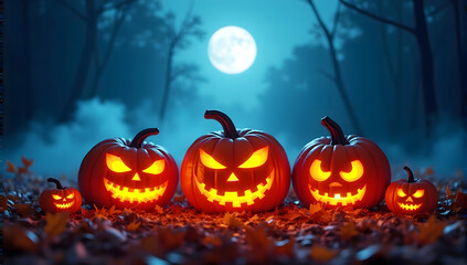 Fototapeta premium Halloween pumpkin head jack lantern with burning candles, glowing pumpkins, spooky faces, full moon, eerie blue mist, dark atmosphere