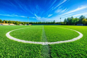 Obraz premium Isolated Round Part of Soccer Playground Surrounded by Lush Green Grass - Aerial View of Soccer Field, Sports Photography, Nature, Athletic Environment, Outdoor Activity