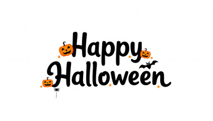 happy halloween lettering calligraphy logo with pumpkin, bat and spider web, orange and black color scheme, white background