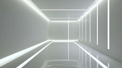 Obraz premium Minimalist white room with glowing floor and wall light beams, representing futuristic design and clean technology, rendered in a sharp and high-definition style