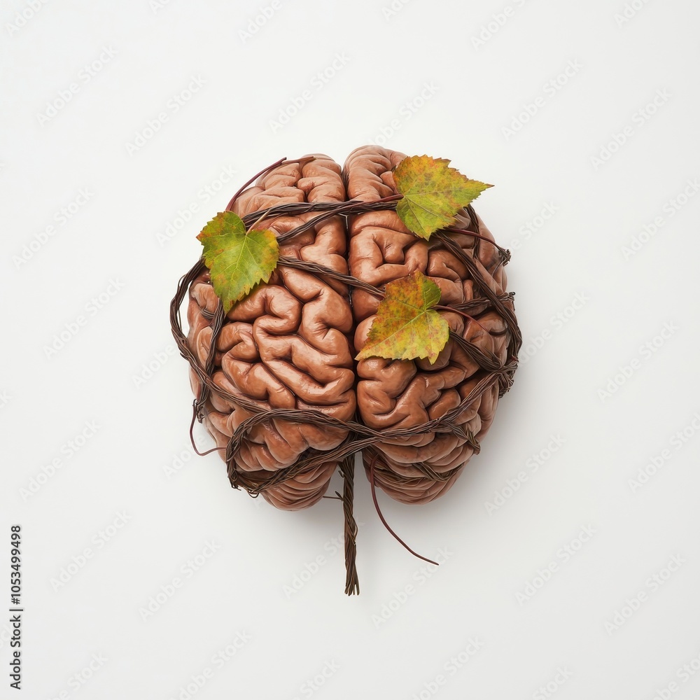 Poster a surreal image of a brain entwined with vines and adorned with leaves, symbolizing the connection b