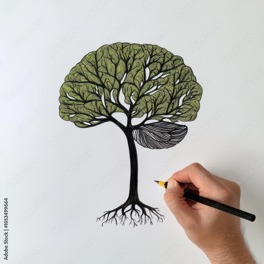 Poster a hand-drawn tree with intricate leaf patterns, combining both green and black elements, showcases c