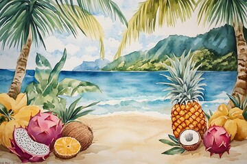 Obraz premium Tropical Beach Paradise Watercolor