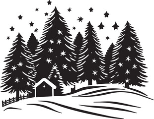 Obraz premium Winter landscape with trees, Silhouette of a Christmas tree farm with trees and a starry sky vector silhouette