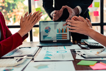 Document work and hands on table in business presentation or seminar Financial advisors present portfolio reports to clients. Focusing on financial advisory services Close-up pictures