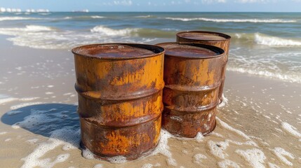 Naklejka premium Close-up of rusting oil barrels on a beach, showcasing environmental concerns and the lasting effects of pollution on the natural world