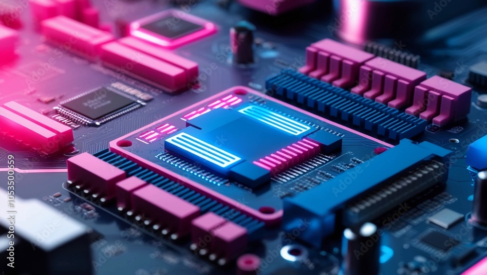 Poster close-up of pink and blue circuitry on a futuristic motherboard, symbolizing high-speed data process
