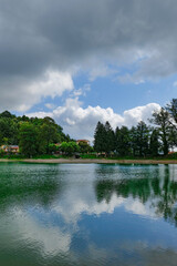 View of a dam of Sirino lake in the mountains of Basilicata, Italy.