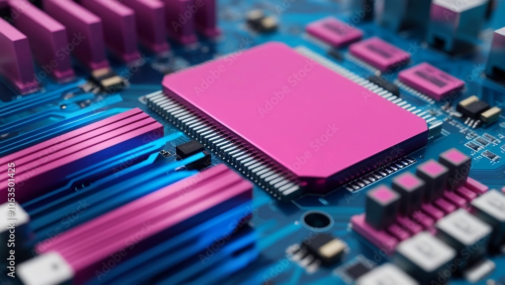 Poster close-up of pink and blue circuitry on a futuristic motherboard, symbolizing high-speed data process