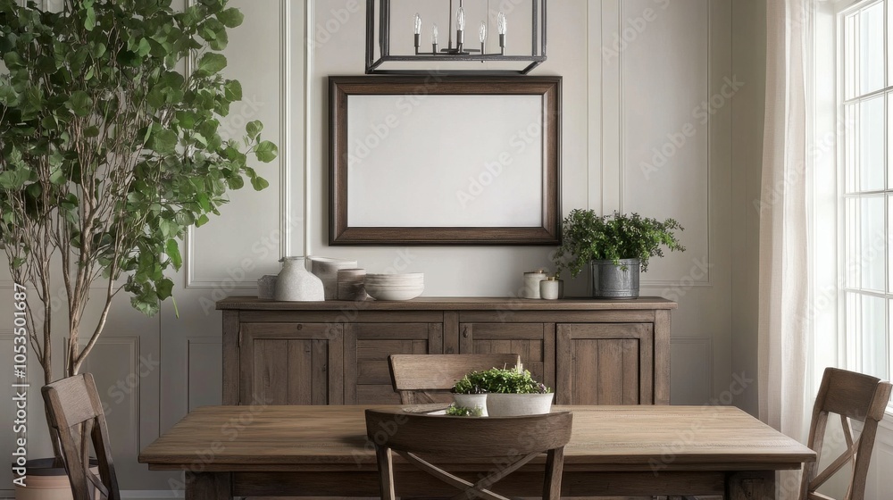 Aufkleber rustic dining room with an empty frame above the buffet