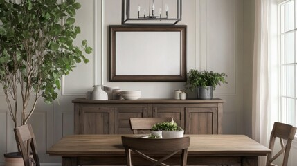 Rustic dining room with an empty frame above the buffet