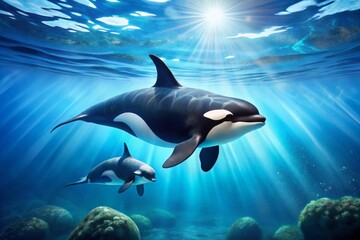 Majestic Orca Whale and Calf Swimming Together in the Ocean - Panoramic Photography of Marine Life, Wildlife, Nature, Ocean, Whales, Sea Creatures, Mother and Calf