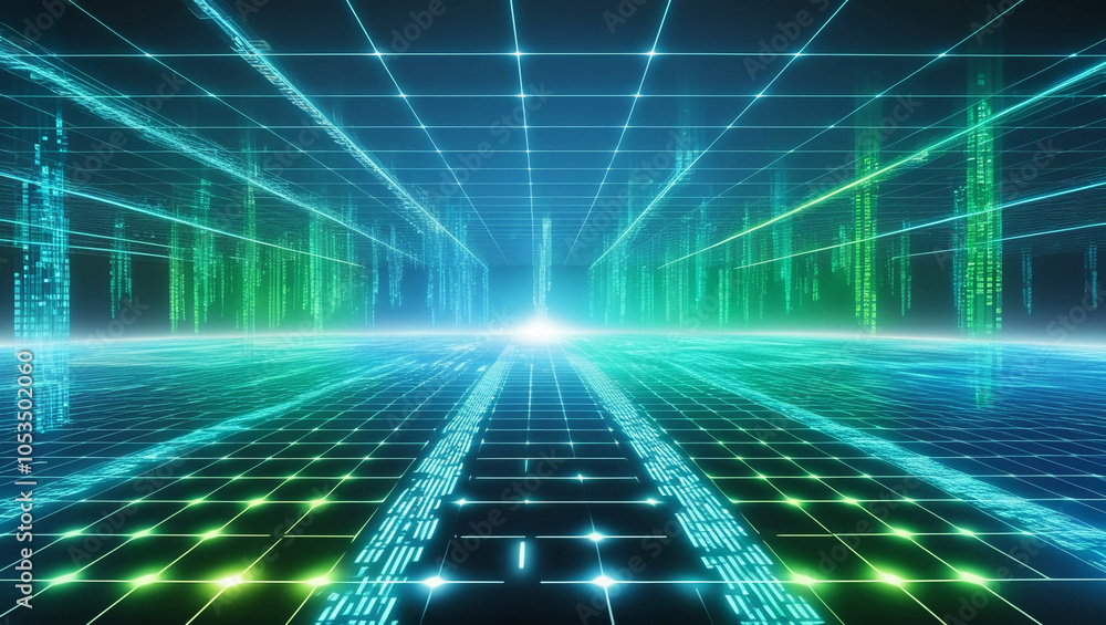 Poster futuristic digital grid background with neon lines creating a virtual horizon for tech presentations