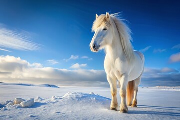 Majestic White Icelandic Horse Standing in Snowy Landscape with Clear Blue Sky &ndash; Captivating Scene of Winter Beauty and Serene Nature