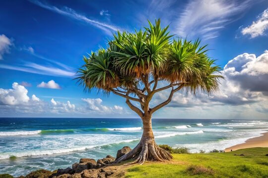 Wide-Angle pandanus palm tree in windy weather at a tropical shore