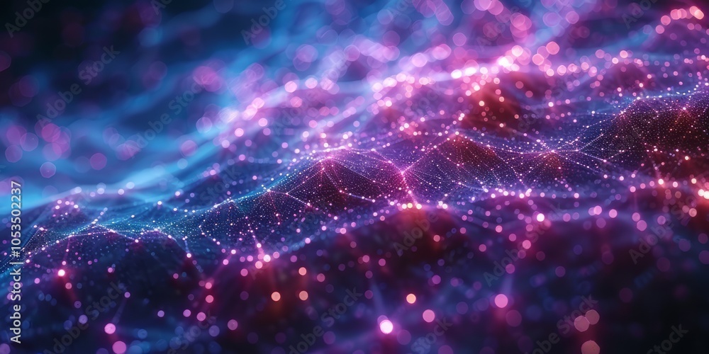 Poster abstract network of interconnected points and lines with a glowing pink and blue gradient, symbolizi
