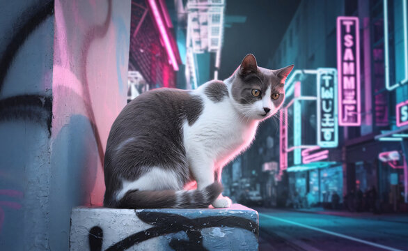 Stray Cat in vibrant Cyberpunk street, Neon-lit urban nightscape