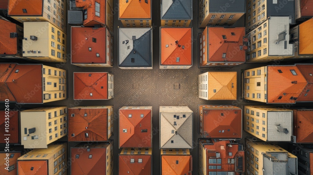 Poster symmetrical urban mosaic, aerial perspective of a city block showcasing repeating rooftops, intricat