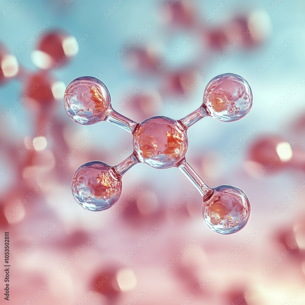 Poster 3d render of a transparent molecular structure on an abstract blurred pink colored background