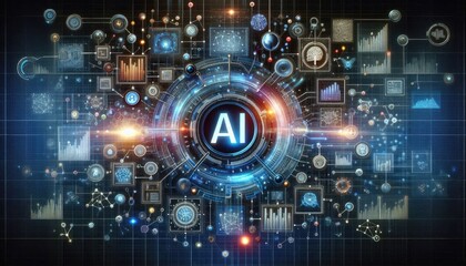 Obraz premium Conceptual Visualization of Deep Learning Integration with Data Analytics: AI-driven Analysis, Neural Networks, and Futuristic Holographic Interface in Technological Innovation