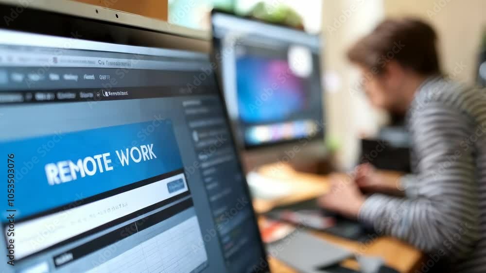 Poster a workspace showcasing remote work on a computer screen with a person focused on a task.