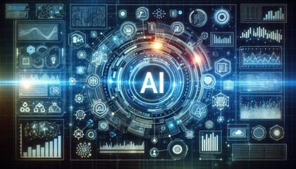 Fototapeta premium Conceptual Visualization of Deep Learning Integration with Data Analytics: AI-driven Analysis, Neural Networks, and Futuristic Holographic Interface in Technological Innovation