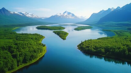 Fototapeta premium River flowing through a mountain lake with lush green islands