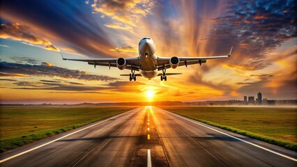 Naklejka premium Wide-angle photography of airplane taking off from runway during sunrise
