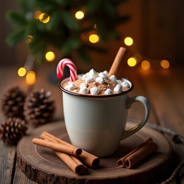 A cozy Christmas-themed hot chocolate scene on a rustic wooden table