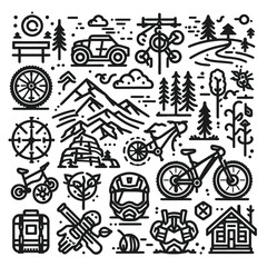 Fototapeta premium Mountain Biking elements thin outline icon set