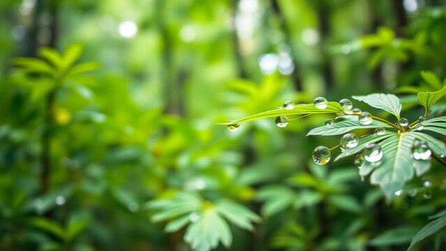 Crystal clear water droplets on vibrant green leaves, rainforest Macro photography