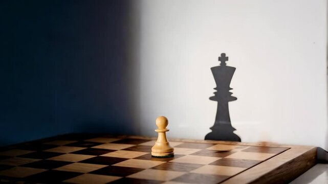A chess pawn casting a shadow of a king on a chessboard, symbolizing strategy and power.