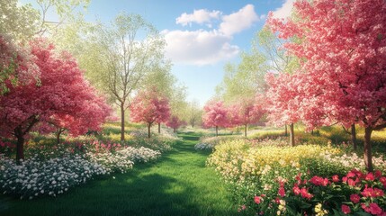 Spring garden with blooming trees.
