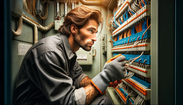 Skilled electrician worker with protective gloves servicing a complex fuse panel in the industrial or technical setting